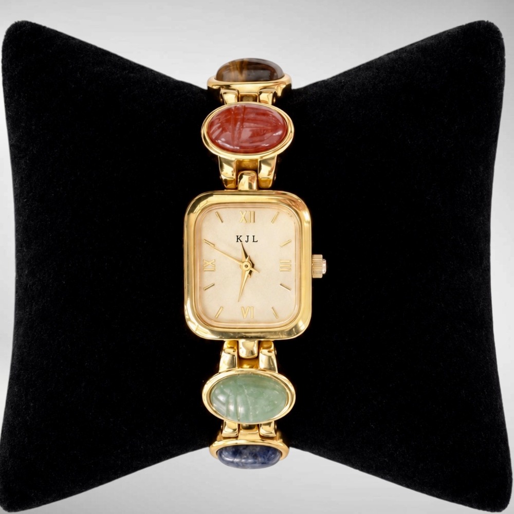 Kenneth Jay Lane KJL Scarab Bracelet Watch Gold Tone Multicolor Quartz Vintage